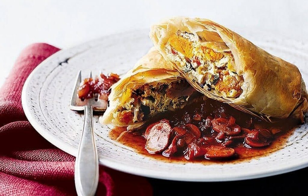 Strudels à la citrouille, shiitaké et sauce au porto