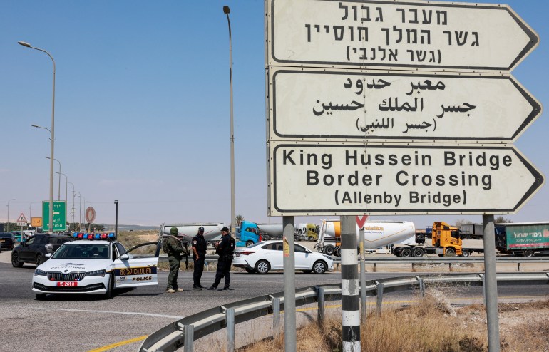 Israeli police patrol near Allenby Bridge Crossing