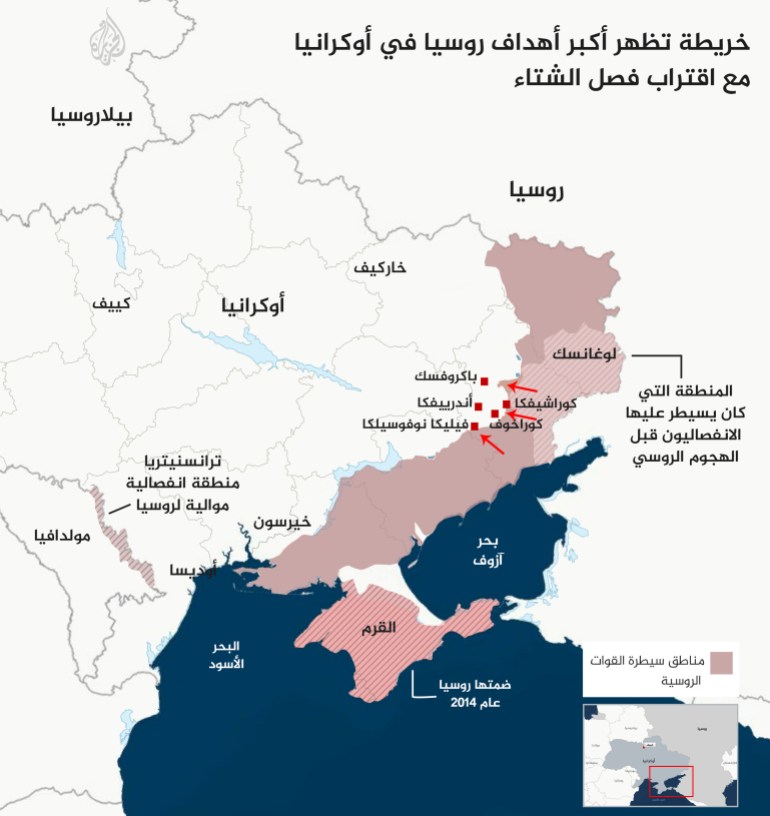 Carte montrant les principaux objectifs russes en Ukraine à l'approche de l'hiver