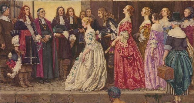 Arrivée des filles du Roy à Québec, reçues par Jean Talon et Mgr Laval - Tableau par Eleanor Fortescue-Brickdale en 1927 - Gallica / BNF