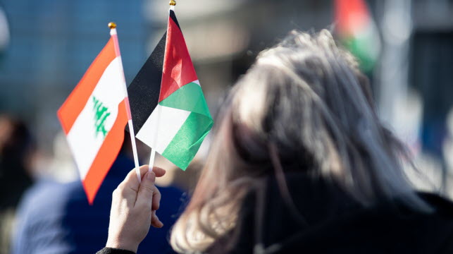 Une personne tient les drapeaux du Liban et de la Palestine lors d’un rassemblement pour le peuple palestinien devant le Parlement Européen, à Strasbourg le 27 novembre 2024. Photo Roméo Boetzlé