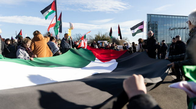 Des personnes tiennent un grand drapeau de la Palestine lors d’un rassemblement pour le peuple palestinien devant le Parlement Européen, à Strasbourg le 27 novembre 2024. Photo Roméo Boetzlé